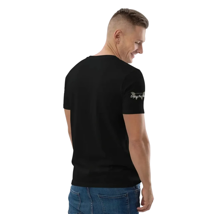 Unisex Bio-Baumwoll-T-Shirt in Schwarz mit Biker-Grafik, Rückenansicht, erhältlich in den Größen S bis 5XL.