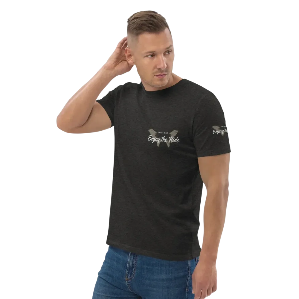 Unisex Bio-Baumwolle T-Shirt im Biker-Stil in Dunkelgrau, links vorne, bequemes Freizeit-Shirt für Männer und Frauen.
