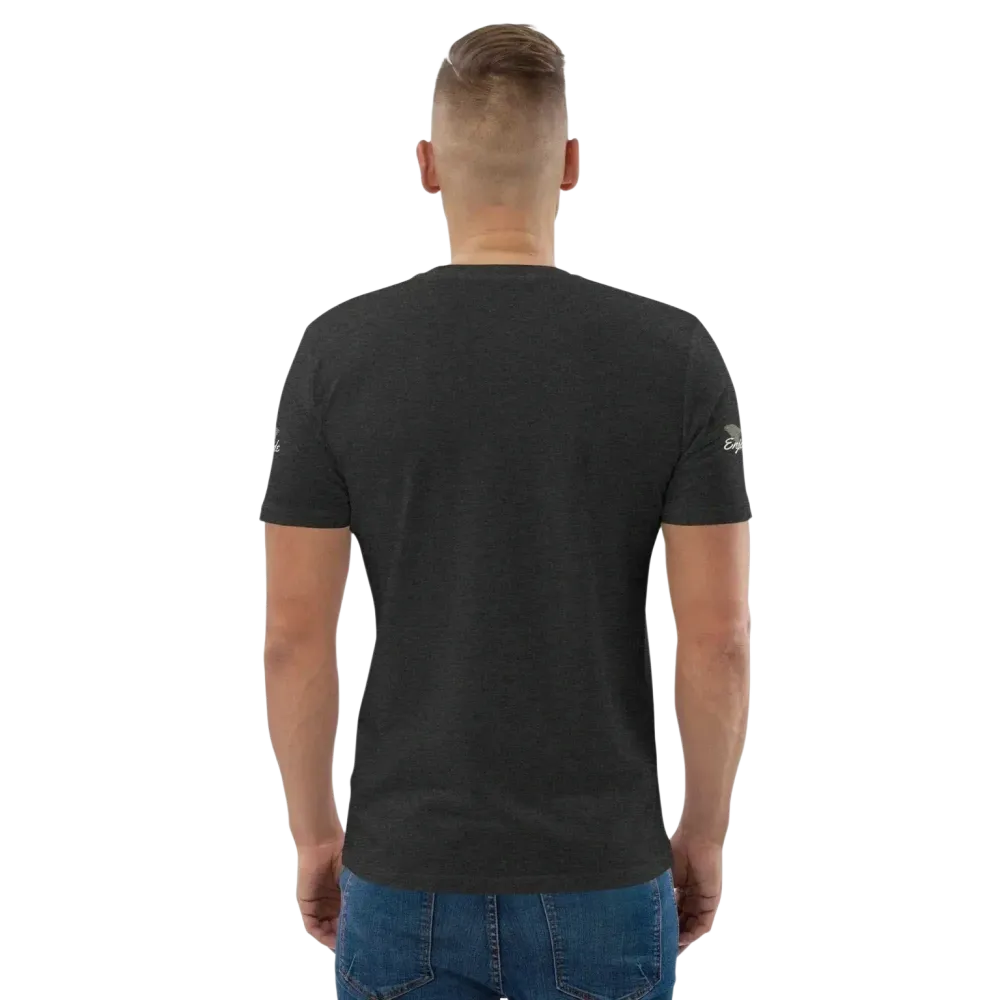 Unisex Bio-Baumwolle T-Shirt im Biker-Stil in Dunkelgrau, Rückansicht, bequemes Freizeit-T-Shirt von BUYATHOME24