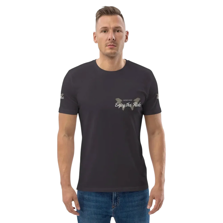 Unisex Bio-Baumwolle T-Shirt mit Biker-Grafik in Anthrazit, Freizeit-T-Shirt, vorne sichtbar, für Damen und Herren, Größen S bis 5XL