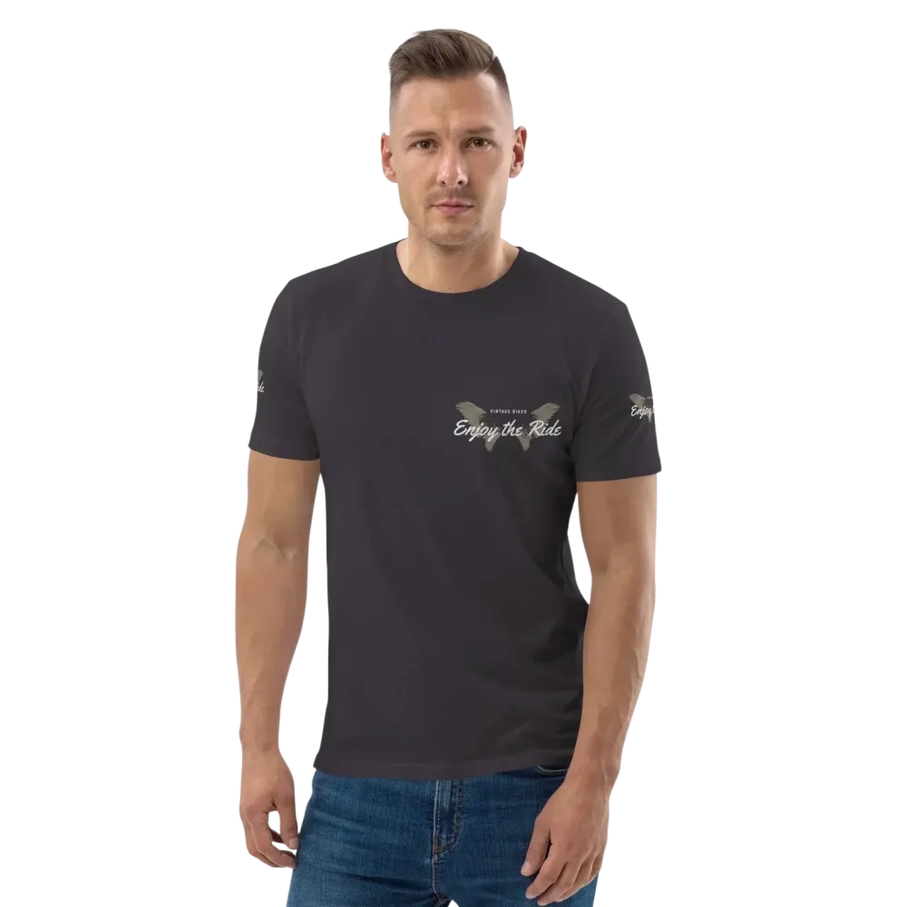 Unisex Bio-Baumwolle T-Shirt im Biker-Stil in Anthrazit, frontseitiges Grafikdesign, verfügbar in den Größen S bis 5XL.