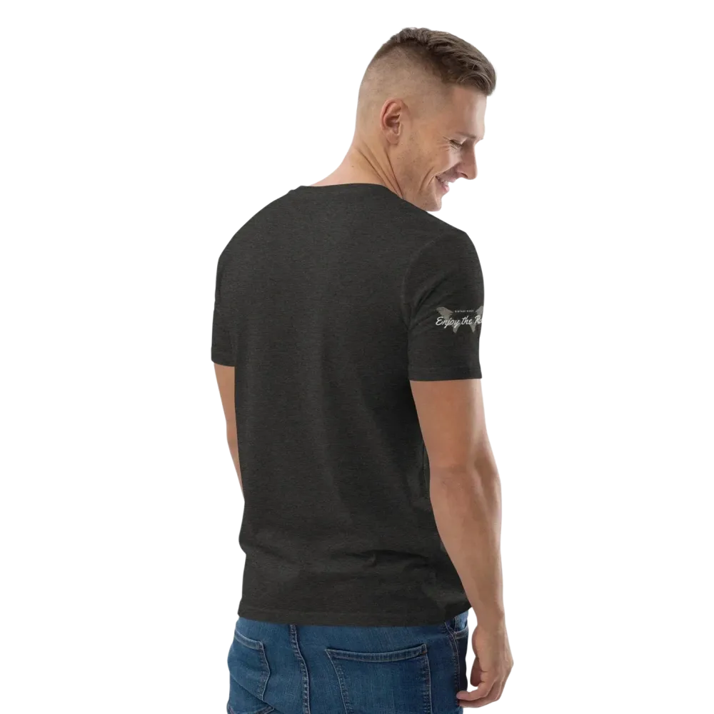 Unisex Bio-Baumwolle T-Shirt im Biker-Stil in Dunkelgrau, Rückenansicht, für Freizeit, von BUYATHOME24, Größen S bis 5XL