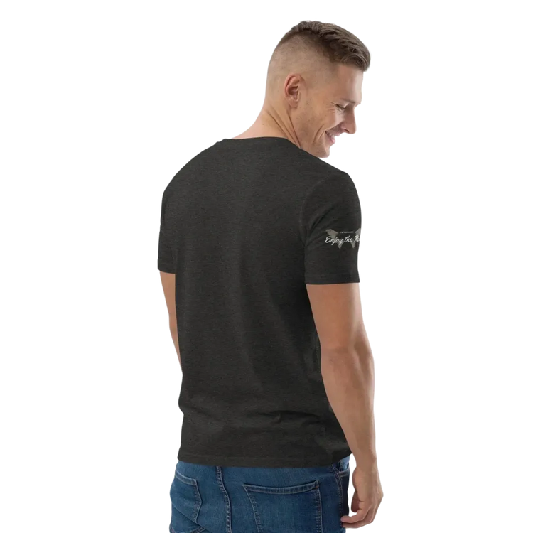 Unisex Bio-Baumwolle T-Shirt im Biker-Stil in Dunkelgrau, Rückenansicht, für Freizeit, von BUYATHOME24, Größen S bis 5XL