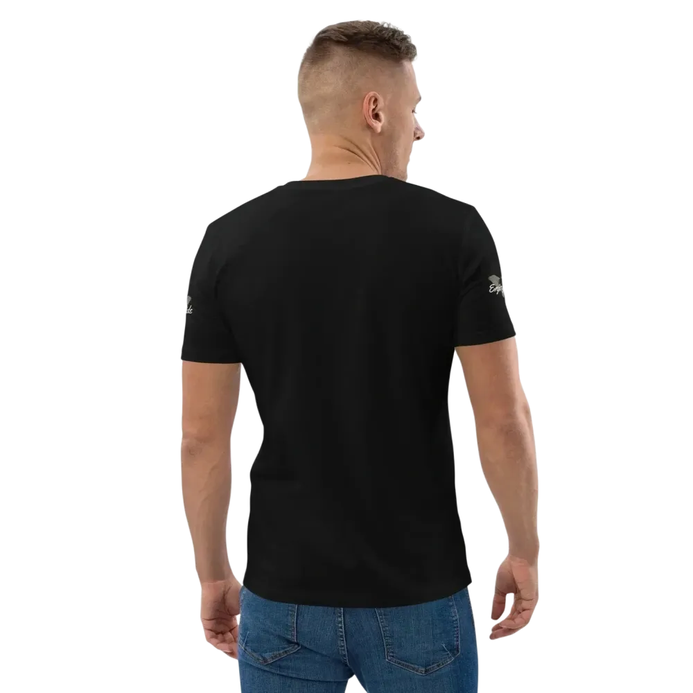 Unisex Bio-Baumwolle T-Shirt mit Biker-Grafik in Schwarz, Rückenansicht, für Freizeit, Größen S bis 5XL.