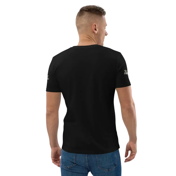 Unisex Bio-Baumwolle T-Shirt mit Biker-Grafik in Schwarz, Rückenansicht, für Freizeit, Größen S bis 5XL.