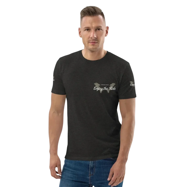Unisex Bio-Baumwoll T-Shirt in Dunkelgrau mit Biker-Grafik, Freizeit-T-Shirt, bequem und nachhaltig, für Damen und Herren, Größe S-5XL