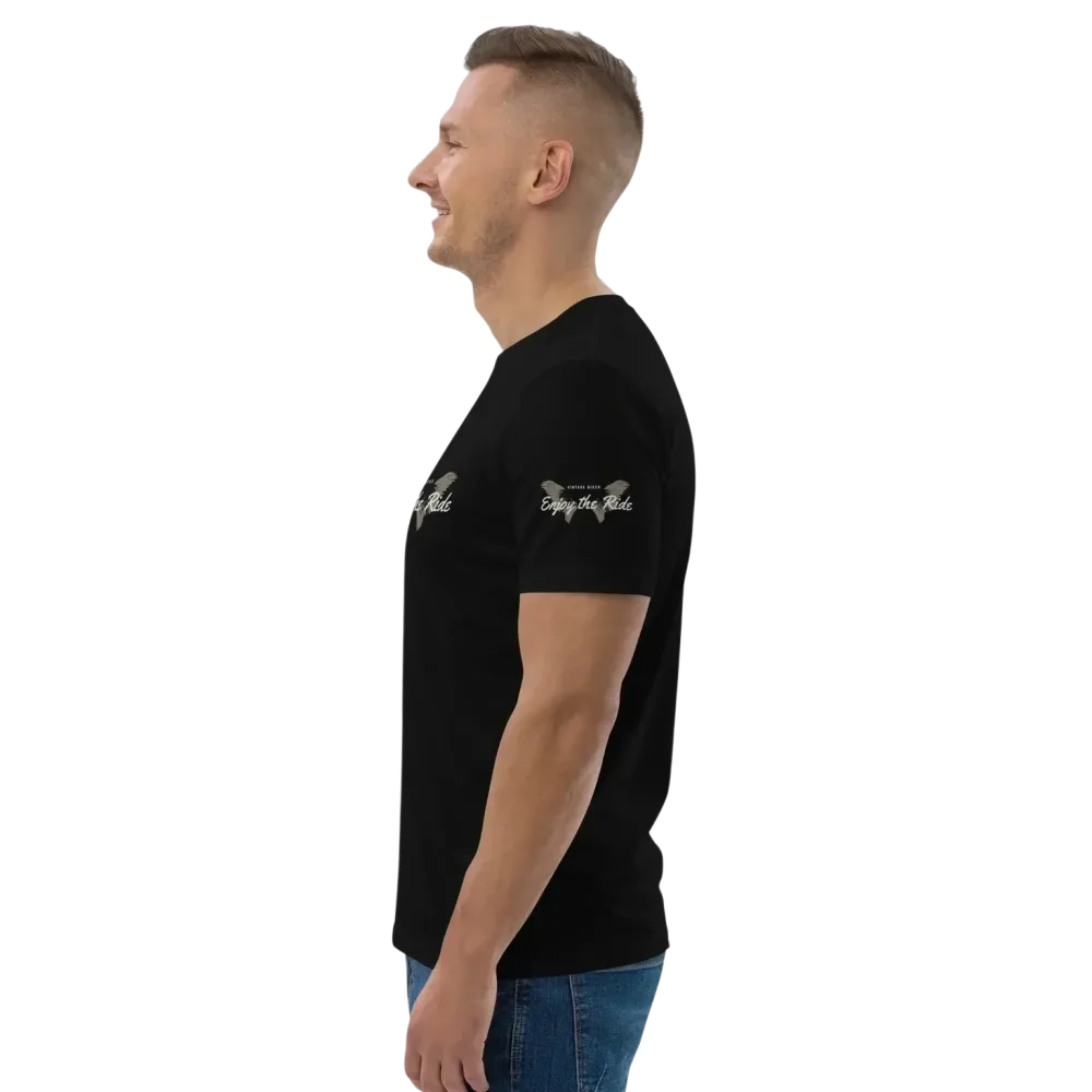 Unisex Bio-Baumwoll T-Shirt in Schwarz mit Biker-Grafik, Freizeit-Design, für Damen und Herren, in den Größen S bis 5XL.