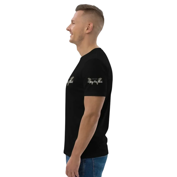 Unisex Bio-Baumwoll T-Shirt in Schwarz mit Biker-Grafik, Freizeit-Design, für Damen und Herren, in den Größen S bis 5XL.