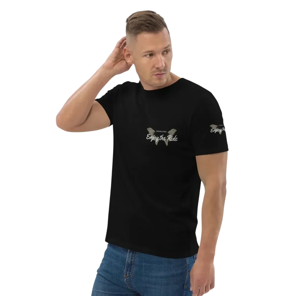 Unisex Bio-Baumwoll-T-Shirt in Schwarz mit Biker-Design, Freizeit-Style, bequem und nachhaltig, erhältlich in Größen S bis 5XL.