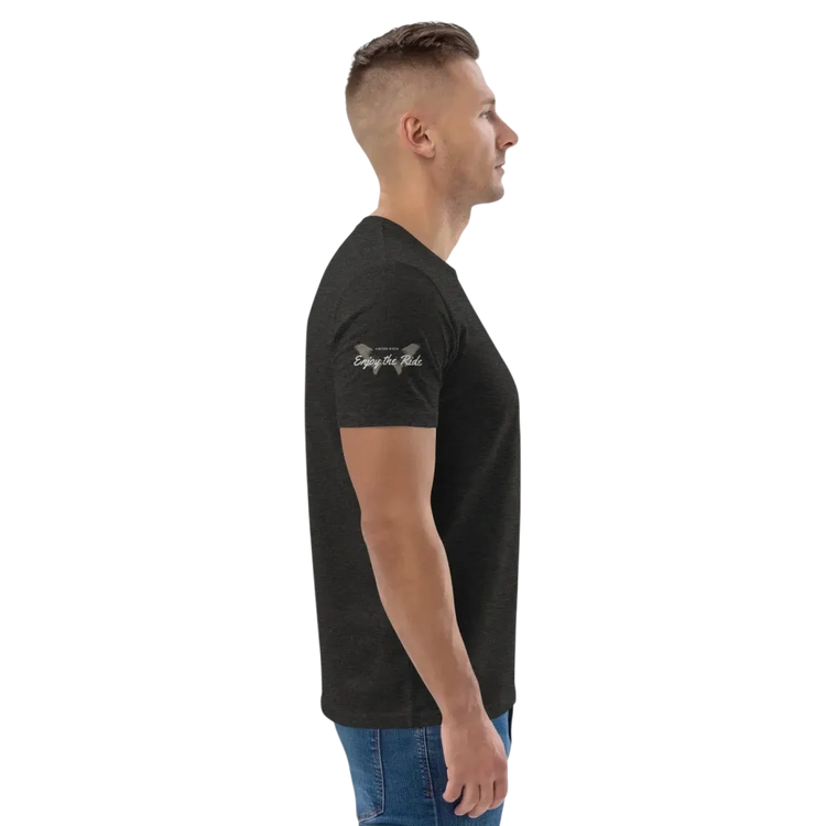 Unisex T-Shirt aus Bio-Baumwolle in Dunkelgrau mit grafischem Biker-Design, bequemes Freizeit-T-Shirt, von BUYATHOME24