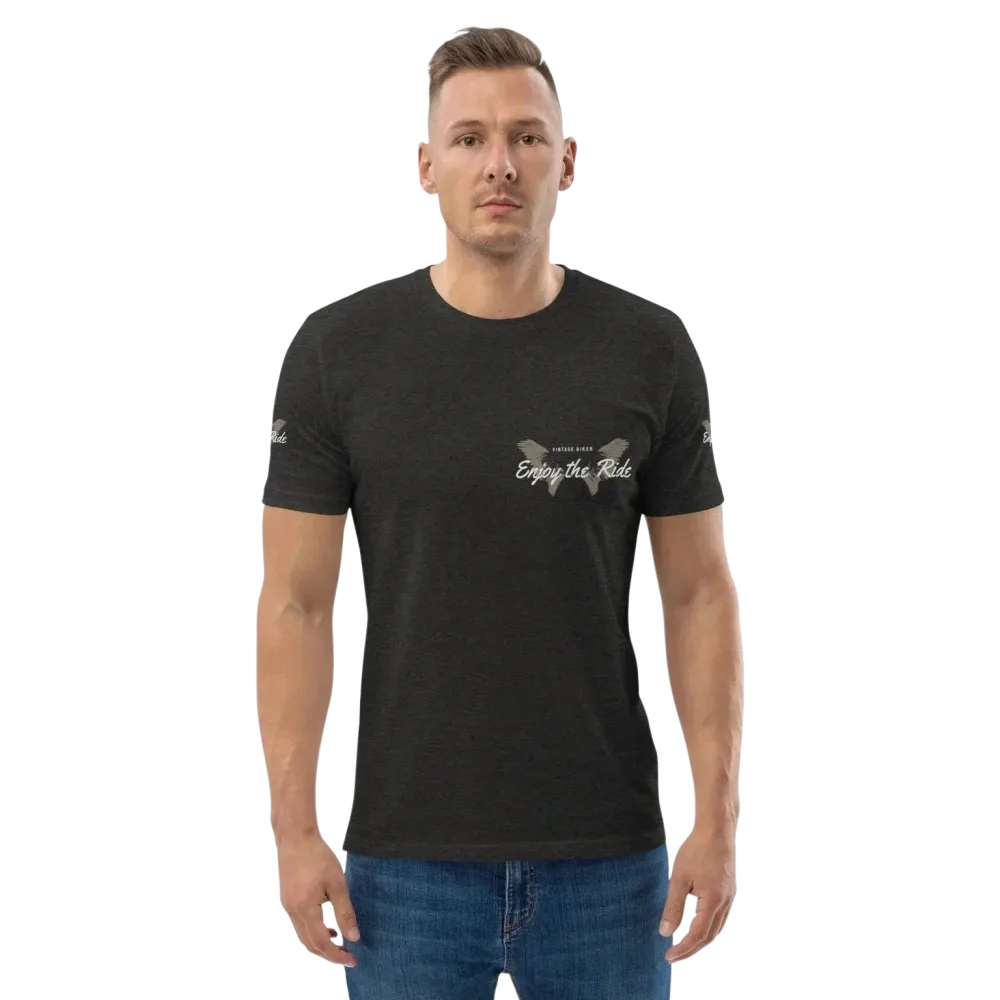 Unisex Bio-Baumwolle T-Shirt im Biker-Stil in Dunkelgrau, modernes Grafikdesign, Freizeit T-Shirt für Männer und Frauen
