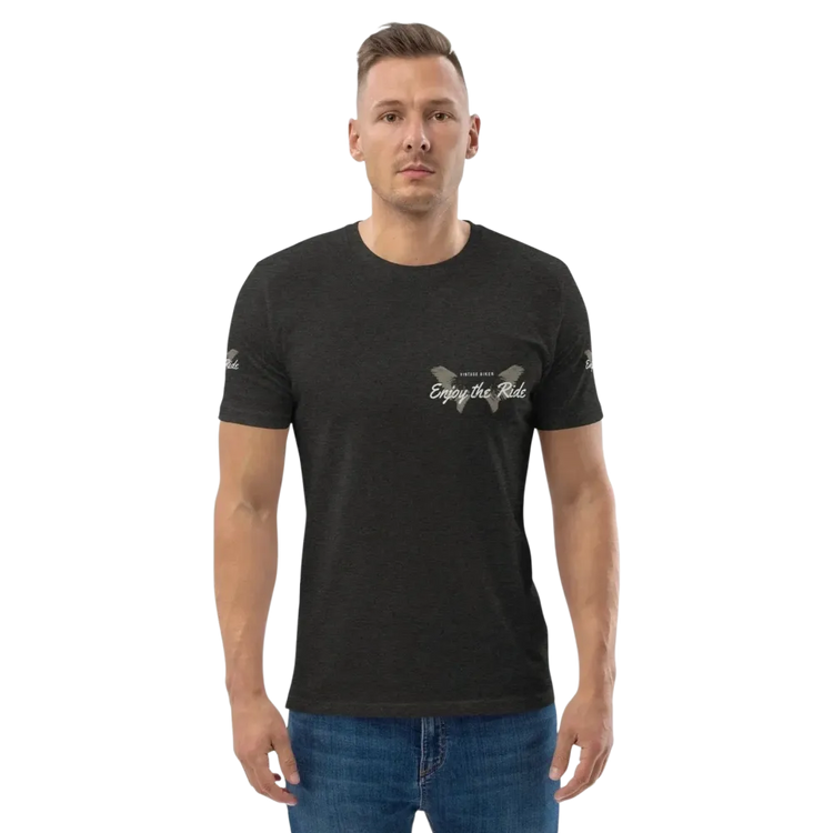 Unisex Bio-Baumwolle T-Shirt im Biker-Stil in Dunkelgrau, modernes Grafikdesign, Freizeit T-Shirt für Männer und Frauen
