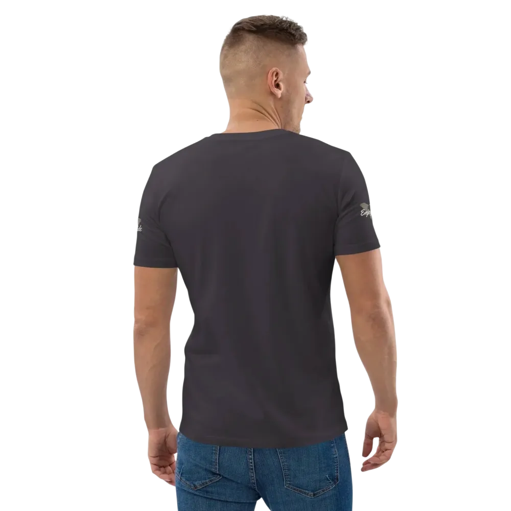 Unisex Bio-Baumwoll-T-Shirt in Anthrazit mit Grafikdesign im Biker-Stil, Rückenansicht, für Freizeit, Größen S-5XL.