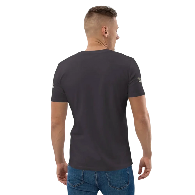 Unisex Bio-Baumwoll-T-Shirt in Anthrazit mit Grafikdesign im Biker-Stil, Rückenansicht, für Freizeit, Größen S-5XL.
