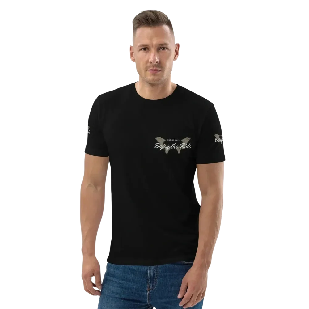 Unisex Bio-Baumwoll-T-Shirt in Schwarz mit Biker-Grafik, Freizeit-Design, erhältlich in S-5XL, von BUYATHOME24.