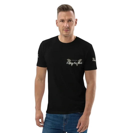 Unisex Bio-Baumwoll-T-Shirt in Schwarz mit Biker-Grafik, Freizeit-Design, erhältlich in S-5XL, von BUYATHOME24.