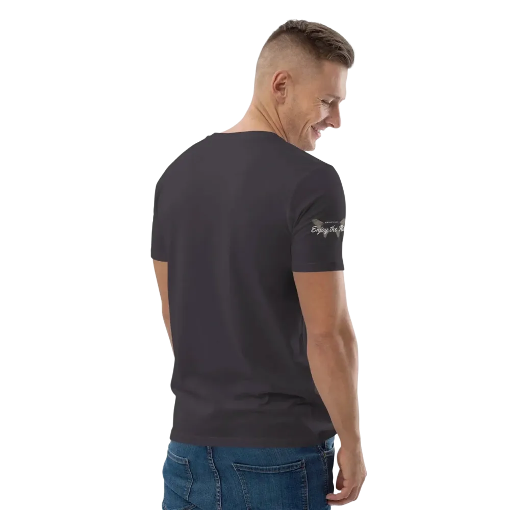 Unisex Bio-Baumwolle T-Shirt in Anthrazit mit Grafik-Design, bequemes Freizeit-Shirt im Biker-Stil, erhältlich in S-5XL.