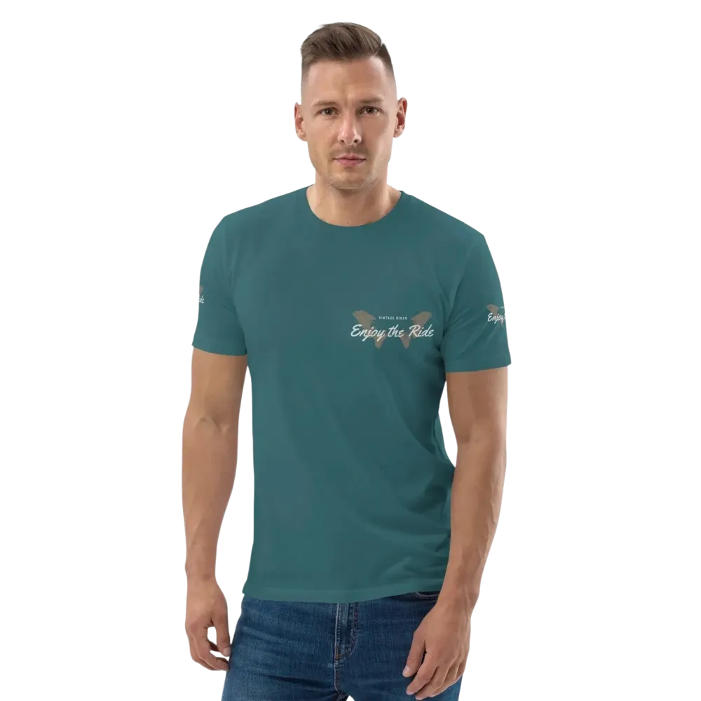 Unisex Bio-Baumwolle T-Shirt mit Sternenmuster im Biker-Stil, vorne sichtbar, in verschiedenen Größen, von BUYATHOME24.