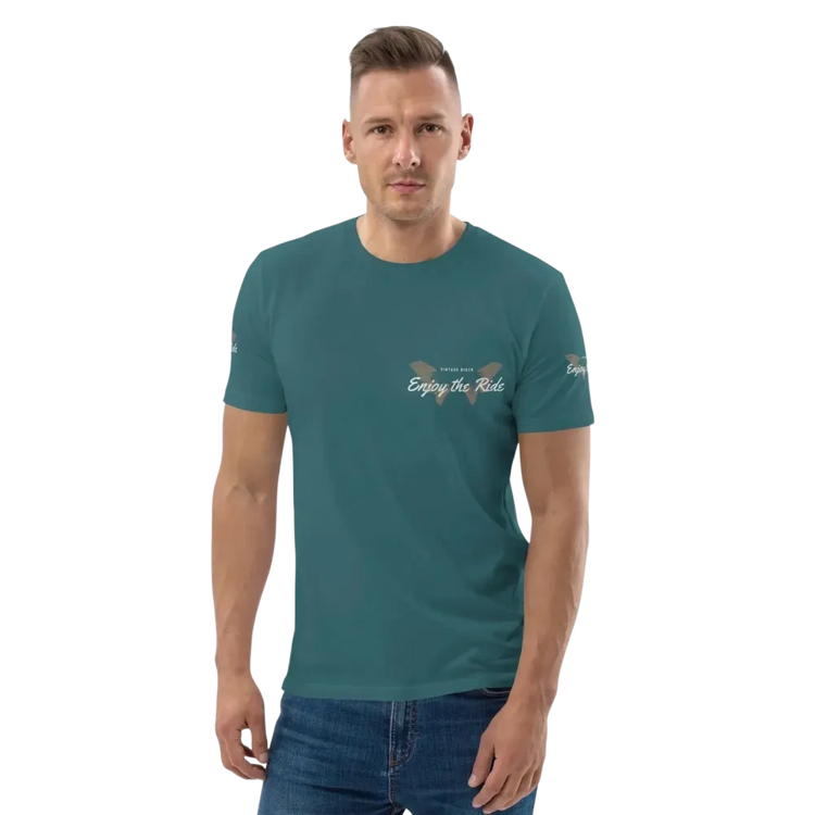 Unisex Bio-Baumwolle T-Shirt mit Sternenmuster im Biker-Stil, vorne sichtbar, in verschiedenen Größen, von BUYATHOME24.