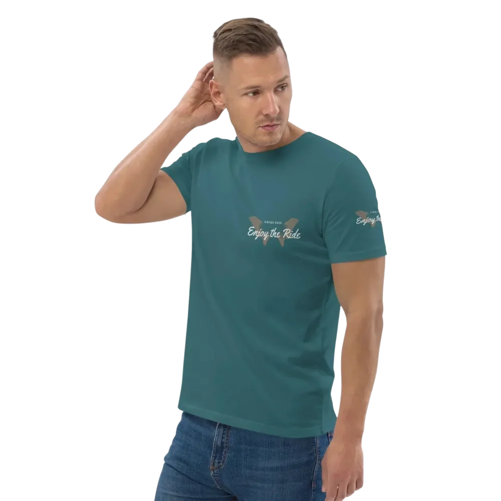 Unisex Bio-Baumwolle T-Shirt mit Sternenhimmel-Grafik, links vorne, Biker-Stil, für Freizeit, in verschiedenen Größen.