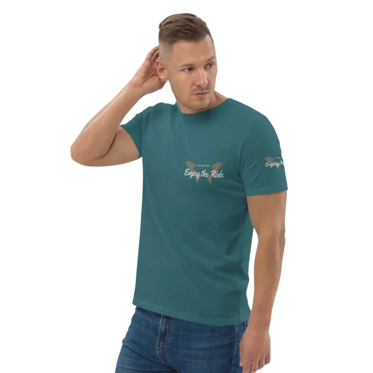 Unisex Bio-Baumwolle T-Shirt mit Sternenhimmel-Grafik, links vorne, Biker-Stil, für Freizeit, in verschiedenen Größen.