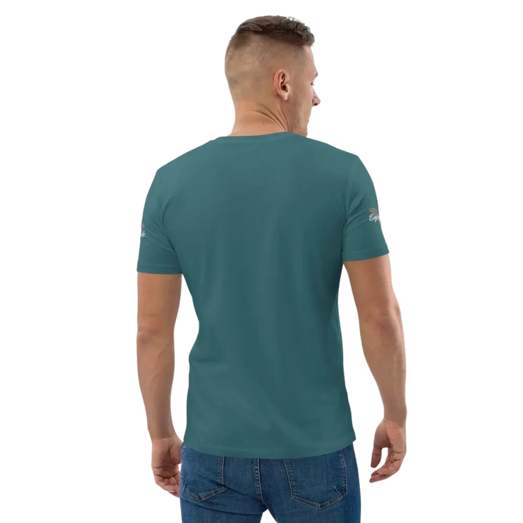 Unisex Bio-Baumwolle T-Shirt mit Sternenhimmel-Grafik im Biker-Stil, Rückenansicht, in verschiedenen Größen von S bis 5XL.