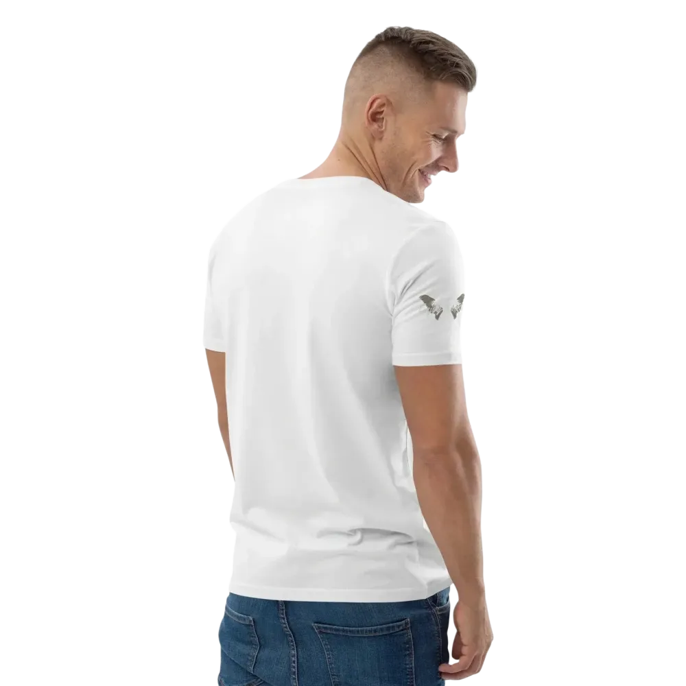 Weißes Unisex Grafik-T-Shirt aus Bio-Baumwolle im Biker-Stil, Rückenansicht, Größen S bis 5XL, von BUYATHOME24