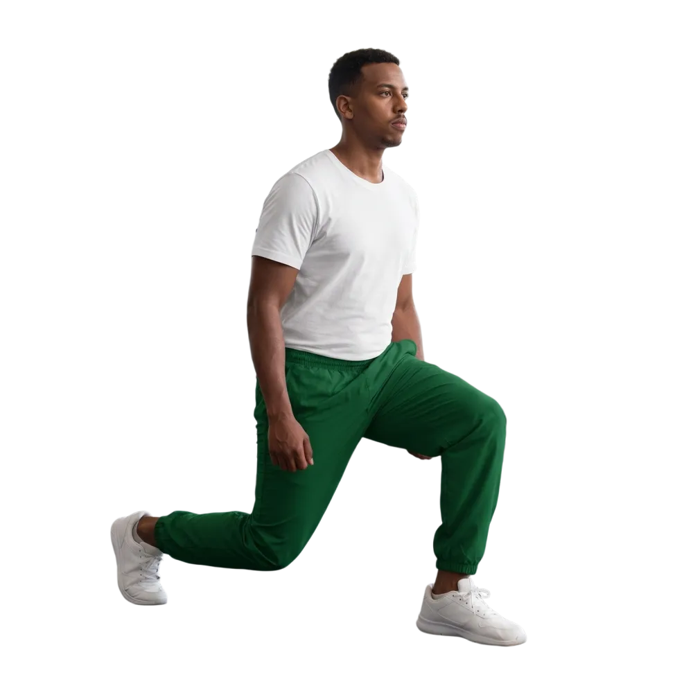 Dunkelgrüne Unisex Trainingshose von BUYATHOME24, atmungsaktiv und wasserabweisend, in XS bis 3XL, mit elastischem Bund.