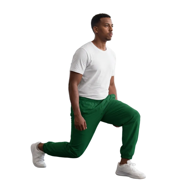 Dunkelgrüne Unisex Trainingshose von BUYATHOME24, atmungsaktiv und wasserabweisend, in XS bis 3XL, mit elastischem Bund.