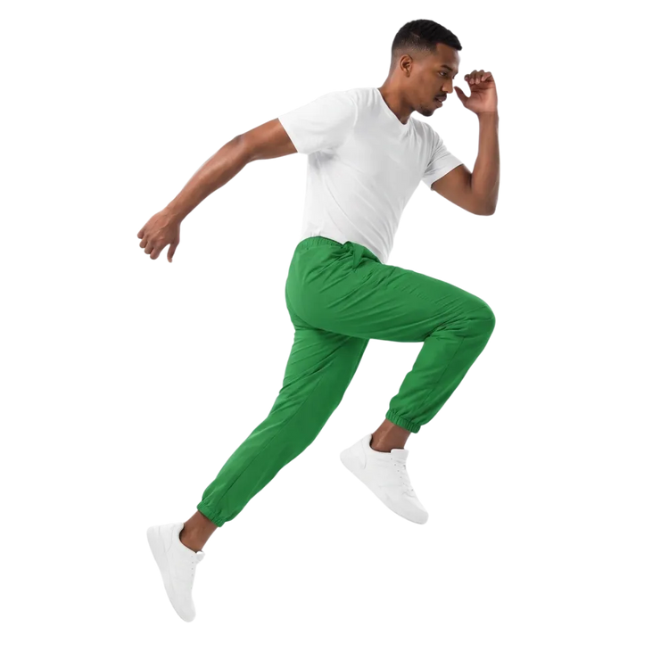 Graue Unisex Trainingshose von BUYATHOME24, wasserabweisend und atmungsaktiv, in den Größen XS bis 3XL, auf weißem Hintergrund.