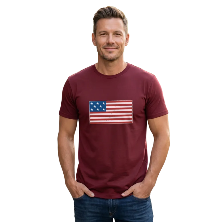 Graues unisex T-Shirt mit USA-Flagge Grafik aus Baumwolle, bedruckbar, erhältlich in S bis 5XL, von BUYATHOME24.
