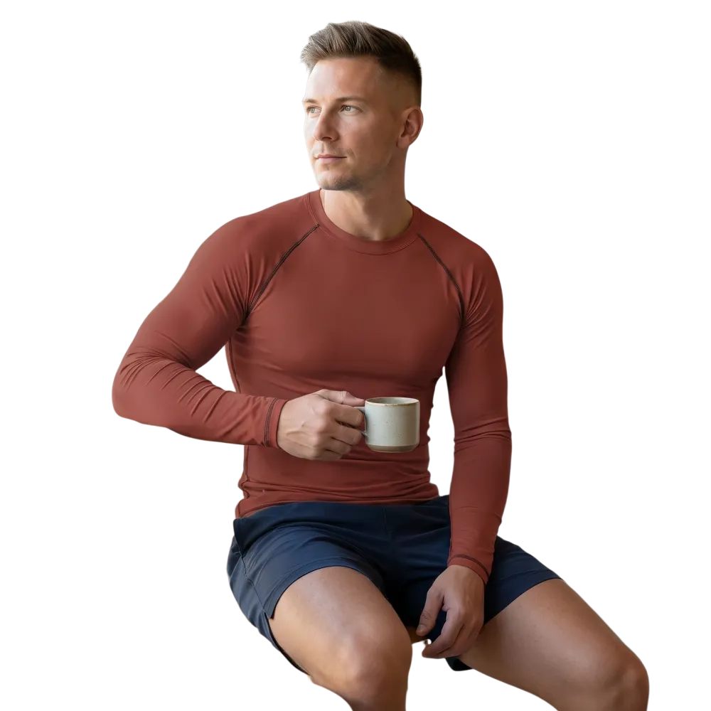 Dunkelrotes Herren-Langarm-Sportshirt mit Vier-Wege-Stretch, UV-Schutz, Unisex, ab XS bis 3XL, von BUYATHOME24