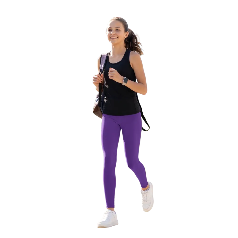 Violette Kinder Sport-Leggings mit UV-Schutz, bedruckbar, in den Größen 134-170 cm, von BUYATHOME24, elastisch und bequem
