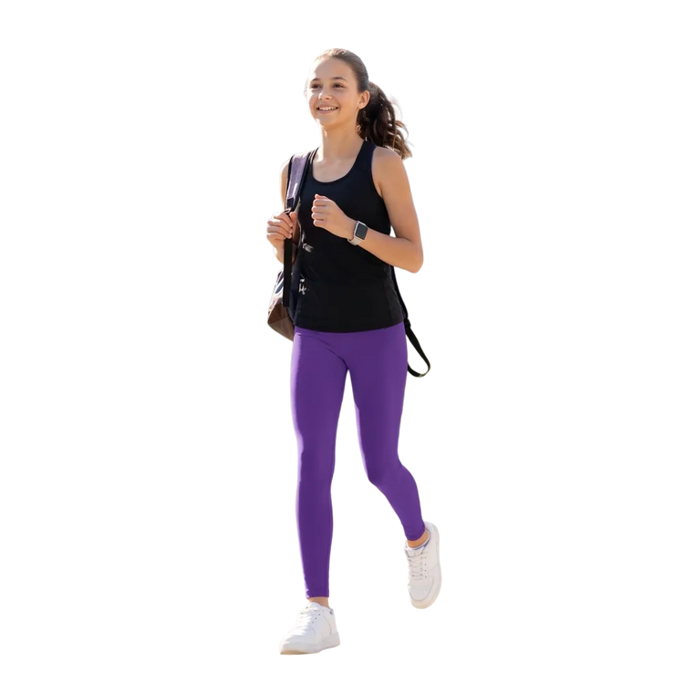 Violette Kinder Sport-Leggings mit UV-Schutz, bedruckbar, in den Größen 134-170 cm, von BUYATHOME24, elastisch und bequem