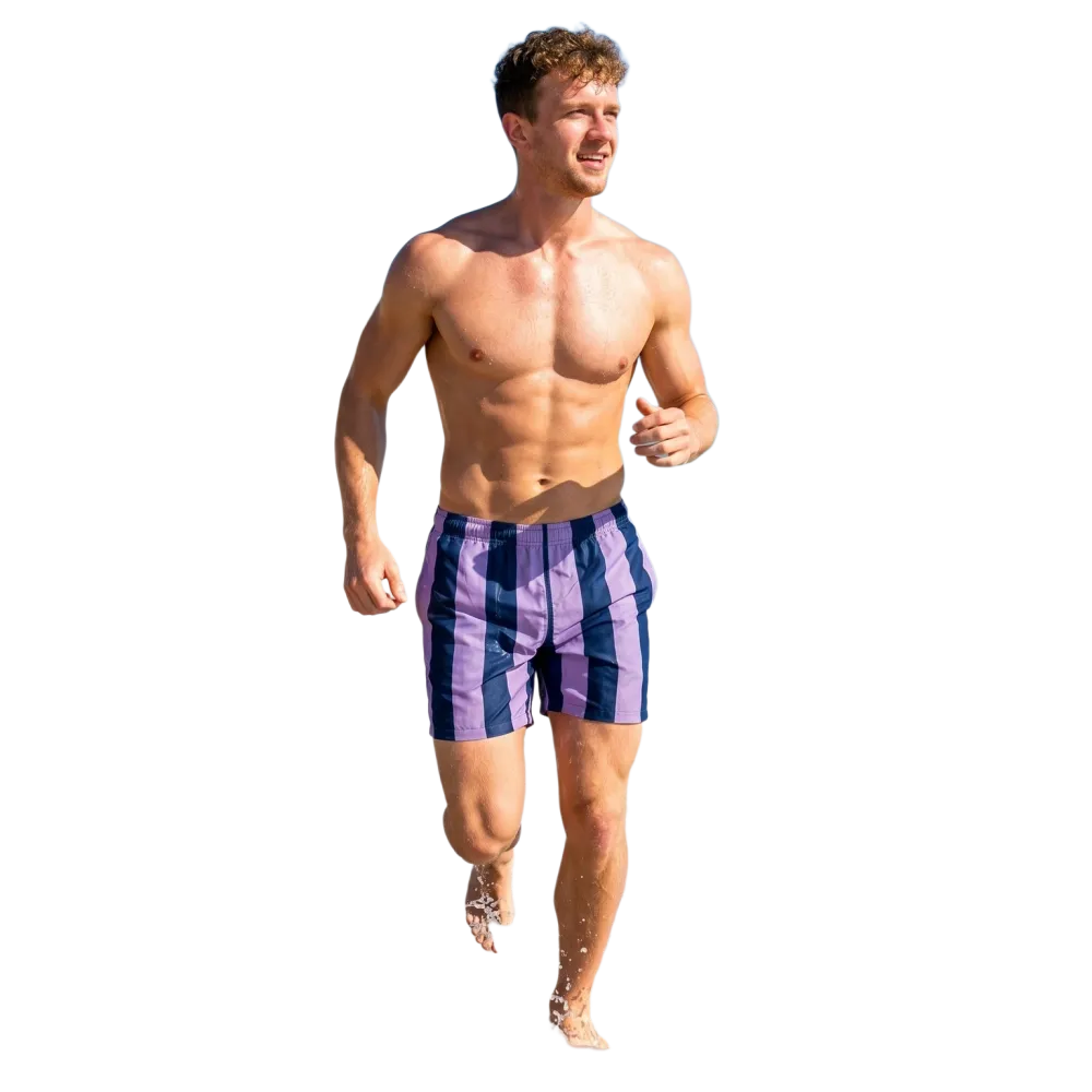 Violett gestreifte Herren Badeshorts mit UV-Schutz 50+, Stretch, in den Größen 2XS bis 6XL, von BUYATHOME24