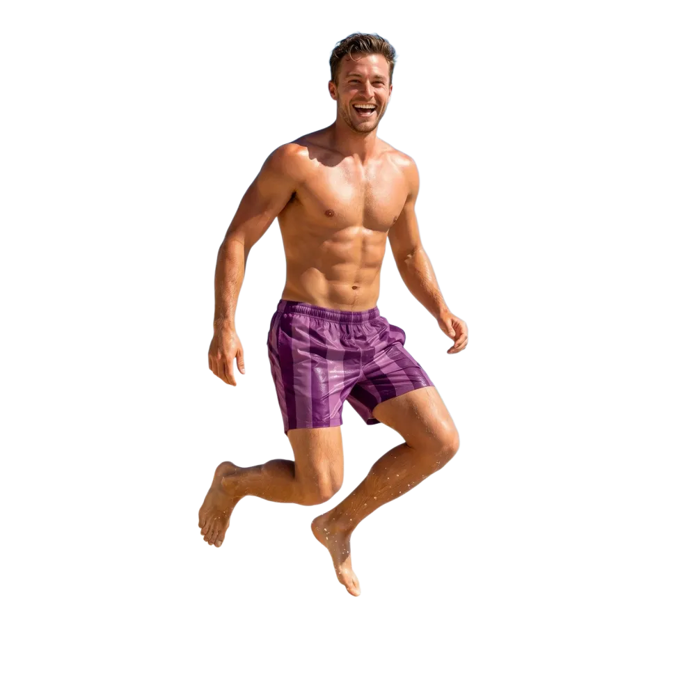 Violett gestreifte Herren Badeshorts aus Mikrofaser-Stretch mit UV-Schutz 50+ von BUYATHOME24, in 2XS-6XL.