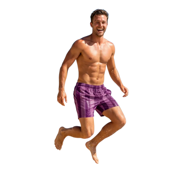 Violett gestreifte Herren Badeshorts aus Mikrofaser-Stretch mit UV-Schutz 50+ von BUYATHOME24, in 2XS-6XL.