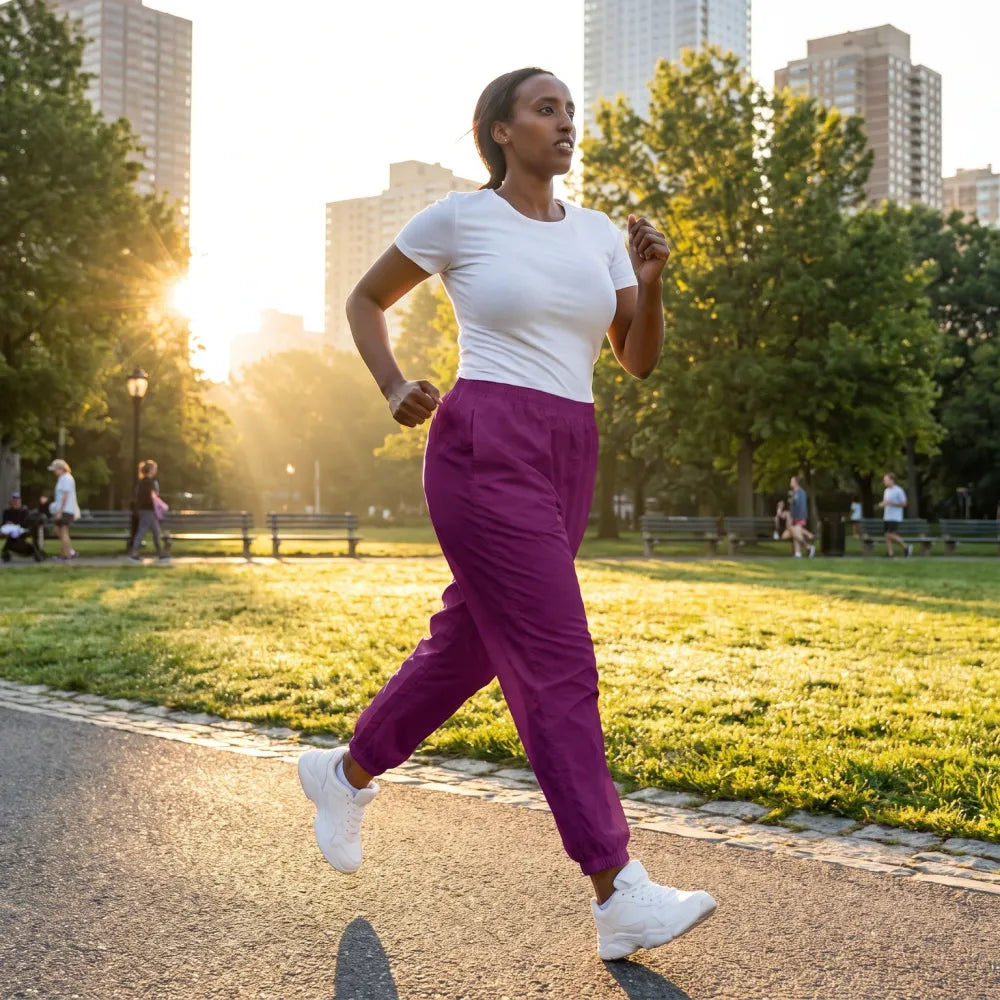 Violette unisex Trainingshose von BUYATHOME24, wasserabweisend, Sporthose in XS bis 3XL, bequem und sportlich.