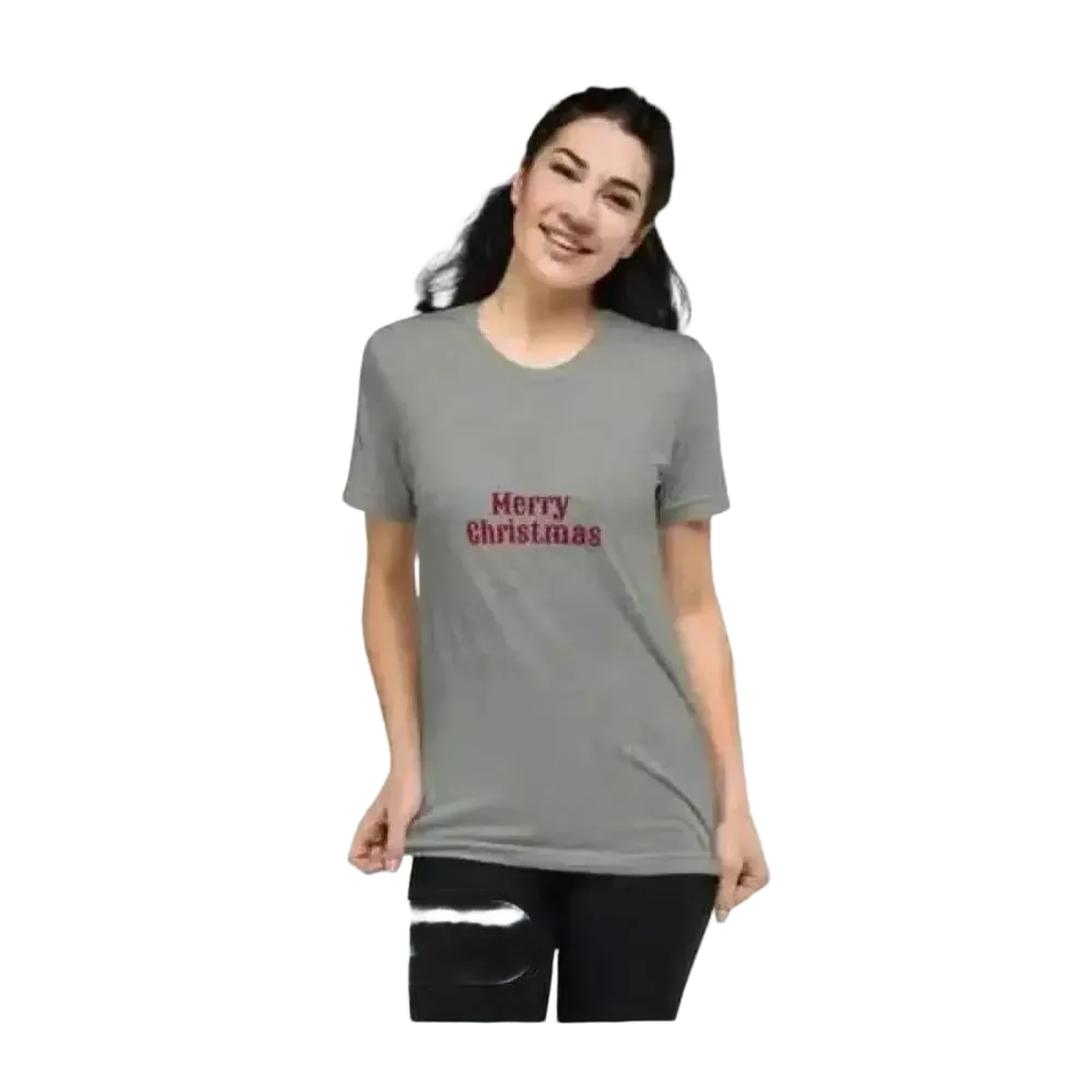 Besticktes Damen T-Shirt aus Polyester in verschiedenen Größen, Kurzarm, für festliche Anlässe, stilvoller Weihnachtsschnitt.