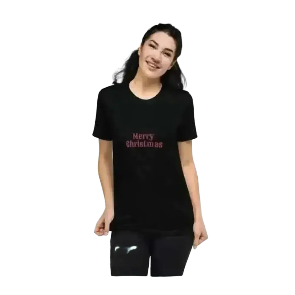 Besticktes Damen T-Shirt aus Polyester in Weiß, kurzarm, mit festlichem Weihnachtsschnitt, für Damen in XS bis 4XL.