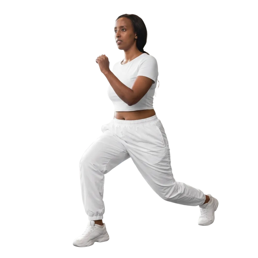Weiße unisex Trainingshose von BUYATHOME24, wasserabweisend mit Reißverschlusstaschen, in XS bis 3XL, bequem und sportlich.