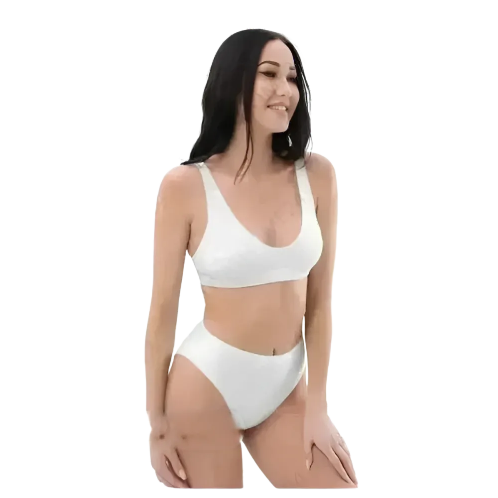 Weißes Damen Bikini Set von BUYATHOME24, schnelltrocknend und bedruckbar, in den Größen XS bis 3XL, mit Bikini-Top und -Hose.