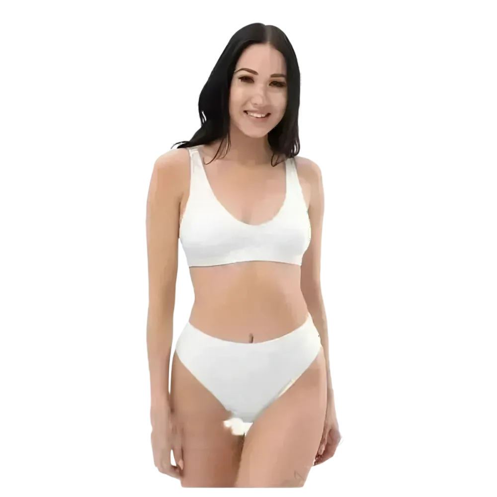 Weißes Damen Bikini Set von BUYATHOME24, schnelltrocknend, bedruckbar, in XS bis 3XL, mit passendem Bikini-Top und -Hose.
