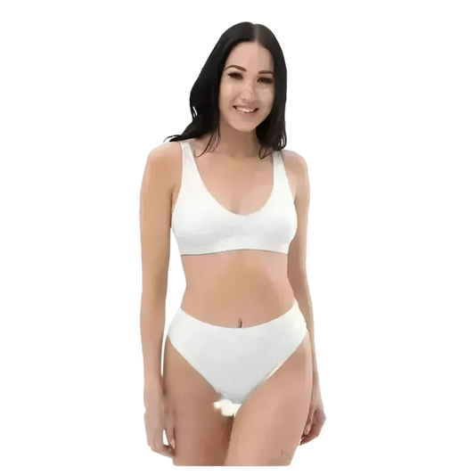 Weißes Damen Bikini Set von BUYATHOME24, schnelltrocknend, bedruckbar, in XS bis 3XL, mit passendem Bikini-Top und -Hose.