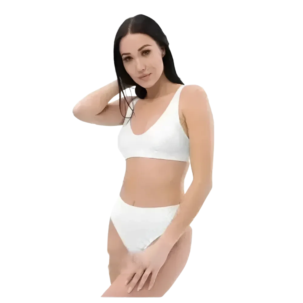 Weißer Damen Bikini mit Druck, schnelltrocknend, in den Größen XS bis 3XL, von BUYATHOME24, auf einem Model getragen