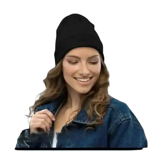 Damen-Strickmütze für Winter und Alltag, schwarze Beanie aus 100% Baumwolle, passend für Köpfe von 38 bis 49 cm.